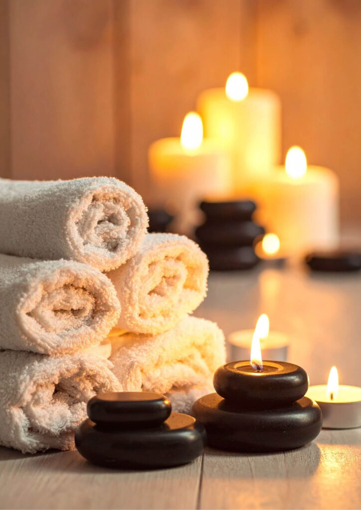 Soft lighting candles and massage towels